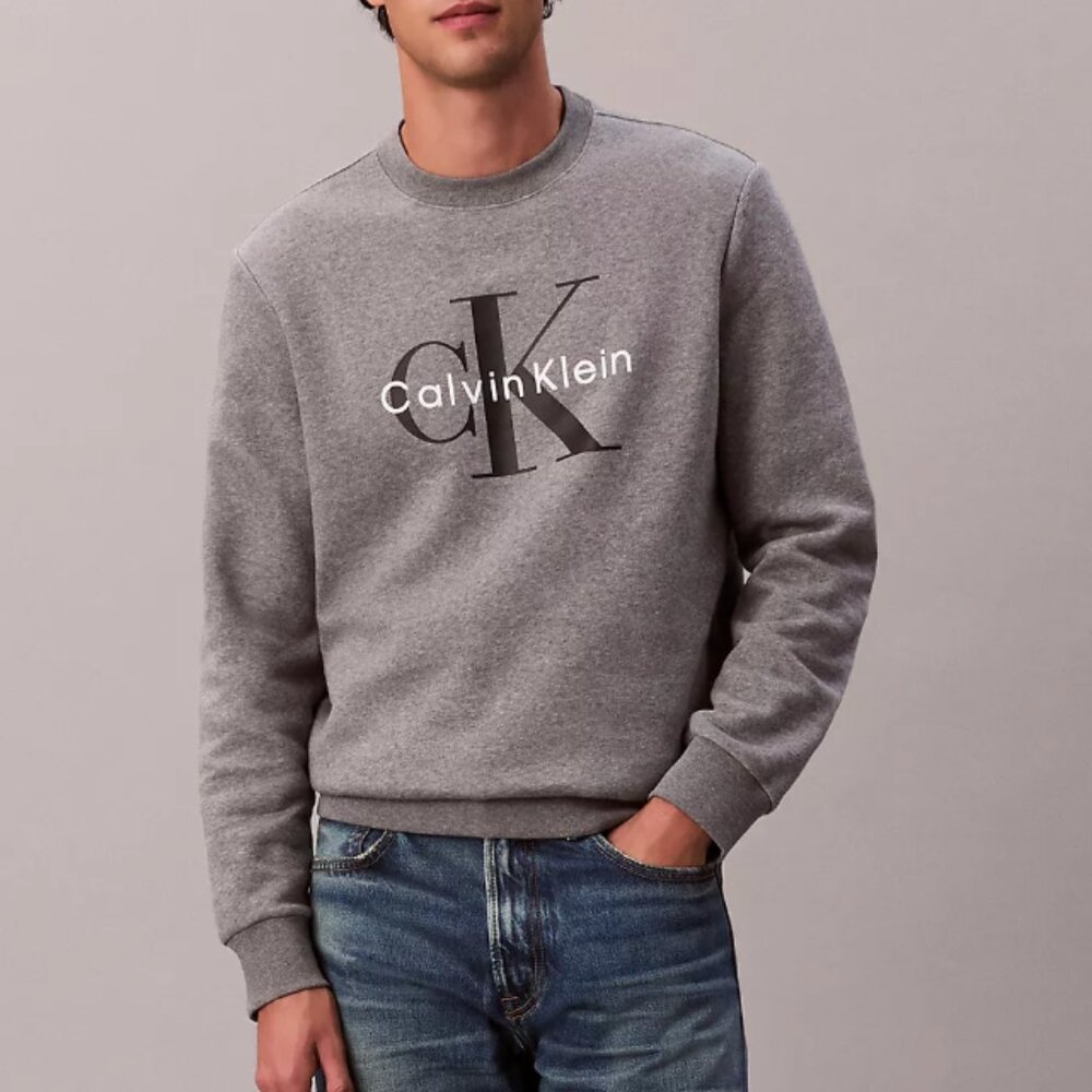 Calvin Klein Mens Monologo Fleece Crewneck Sweatshirt,‎ Grey Heather, Large, EUC - Picture 4 of 5